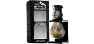 Shaving Brush with Stand - Rocky Mountain Barber Pure 100% Best Badger Hair Barber Grade with Black Heavy Duty All-Resin Handle and Oversized Bristle Head For Better Shaving Cream Lather