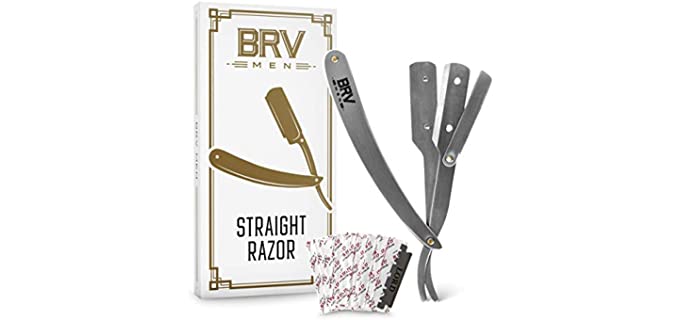 BRV MEN Straight Razor - 100 Lord Platinum Single Edge Razor Blades - Straight Edge Razor - All Stainless Steel - Shavette - Barber Razor - Mens Shaving Knife - Straight Razor Kit - For Men - Silver