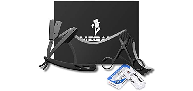 Megan beard shaping tool include Professional Straight Edge Razor & beard shaping comb & 10 Count of double edge blade & Stainless steel scissors,Gift box packaging.