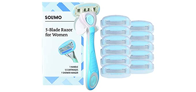 Amazon Brand - Solimo 5-Blade Razor for Women, Handle, 12 Cartridges & Shower Hanger (Cartridges fit Solimo Razor Handles only)