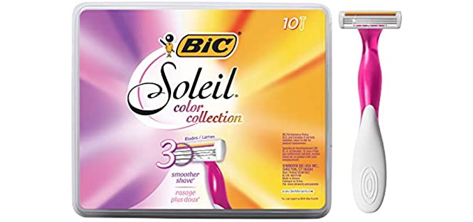 BIC Soleil Color Collection Disposable Razors for Women, 10-Count, 3 Blades - Premium Shaving Razor Set with Aloe Vera and Vitamin E Lubricating Strip - Luxurious Personal Care Products