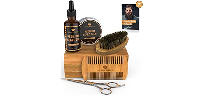 Naturenics Premium Beard Grooming Kit for Men - 100% Organic Unscented Beard Oil, Beard Balm Butter Wax, Beard Brush, Beard Comb, Beard Scissors for Beard & Mustache-with Bamboo Box & eBook