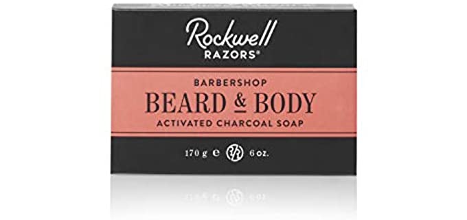 Rockwell Beard & Body Bar Soap - Barbershop Scent - All-Natural with Activated Charcoal, Shea Butter and Jojoba Oil, Organic Coffee Exfoliant - 6oz