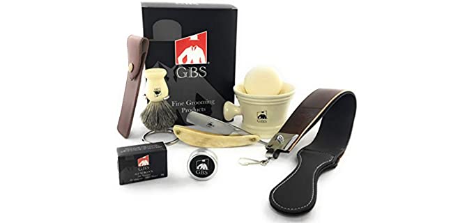 GBS Premium Classic Straight Razor Shaving Set - Shave Ready Straight Razor, Honing Sharpening Strop, Leather Case, Ceramic Mug, Badger Bristle Brush, Stand & Soap Vintage Wet Shaving Set (Ivory)