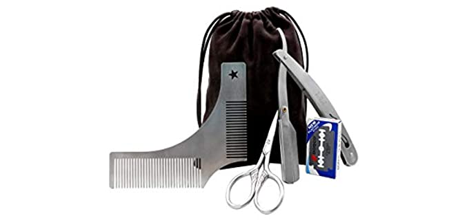 Beard Grooming Kit for Men, Beard Shaping Styling Gift Set with Inbuilt Comb, Straight Edge Razor, 10 Double Edged Blades, Scissors &Bag – 3 In 1