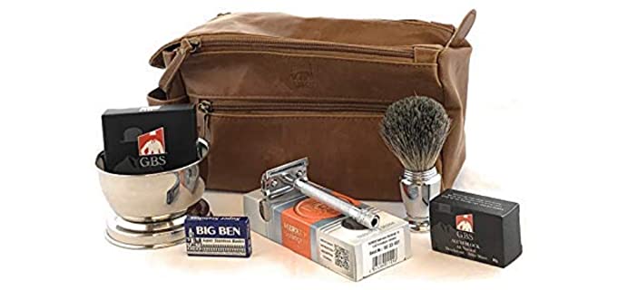 Deluxe Travel Dopp Kit - #23001 Double Edge Safety Razor, Chrome Shaving Brush, Bowl, Soap comes with GBS Alum Block + Leather Toiletry Bag