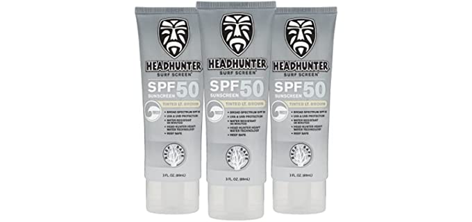 Headhunter Heavy Duty Reef Safe Sunscreen SPF 50 for Surfing - Natural Mineral Sunscreen Face Cream - Broad Spectrum UVA/UVB Safe, Skin Defense Against Damage - Tinted Light Brown Formula (3 pack)