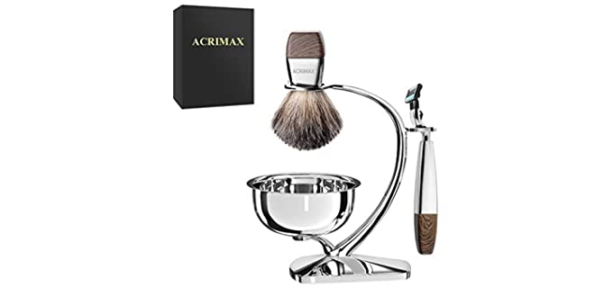 Premium Shaving Kit for Men, 4in1, ACRIMAX Badger Hair Shaving Brush Set, Luxury Manual Safety Razor Kit for Mach 3, Shaving Razor & Brush Stand with Soap Bowl, Gift Set for Fathers Day