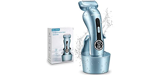 Womens Electric Razor , Akunbem Bikini Trimmer Womens Electric Shaver for Legs and Underarms Body Hair Removal Rechargeable Painless Wet and Dry Lady Shaver Cordless with LED Light (Blue)