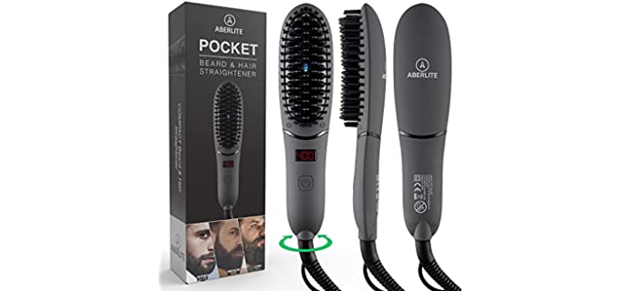 Aberlite Pocket - Compact Beard Straightener for Men - Ionic & Anti-scald Technology - Beard Straightening Heat Brush Comb Ionic - For Home and Travel