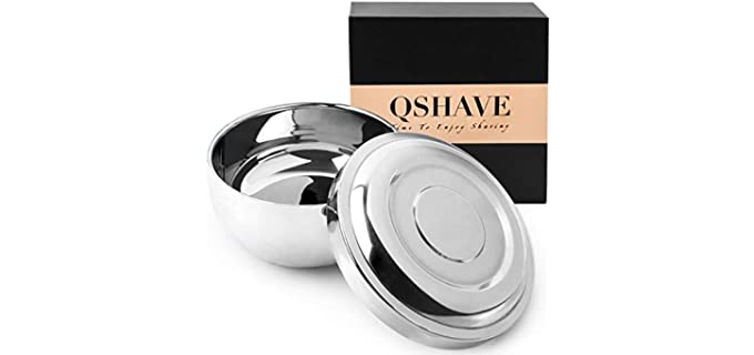 QSHAVE Stainless Steel Shaving Bowl with Lid 4 Inch Diameter Large Deep Size Chrome Plated Shinning Finish