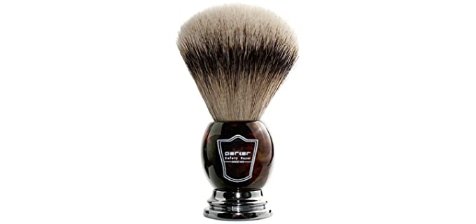 Parker Safety Razor Silvertip Badger Shaving Brush–Faux Horn Handle with a Chrome Base, Long Loft Dense Bristles– Men's Badger Shaving Brush with Stand Included