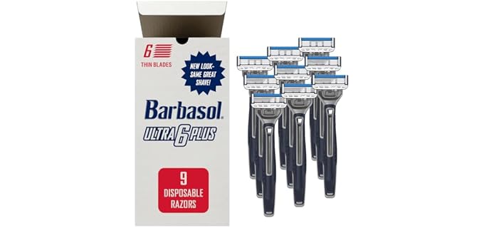 Barbasol Ultra 6 Plus Disposable Razor Value Pack (3 Packs/9 Total Razors) | Premium 6-Blade Disposable Razors, Close Shave Technology, UltraTrimmer 7th Blade, Pivoting Head, Razor Bundle