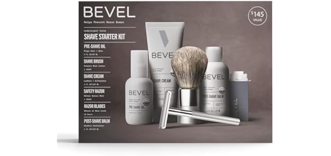 Bevel Shaving Kit for Men, Includes all Shaving essentials | Kit includes safety razor, 40 replacement blades, shave brush, pre shaving oil, shaving cream and post shave balm