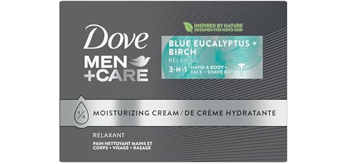 DOVE MEN + CARE Bar 3-in-1 Bar for Body, Face and Shaving, 8 Bars, 3.75 oz | Blue Eucalyptus and Birch Scent, Micromoisture Technology, Hydrates and Smooths Skin, Gentle Cleansing for Hands