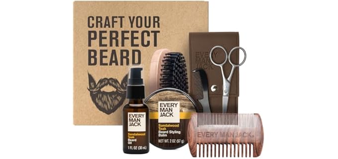 Every Man Jack Essential Beard Care Kit for Men, Sandalwood Teak, Gift Set | Grooming Set with Softening Beard Oil, Styling Balm, Vegan Beard Brush, Dual-Sided Comb, Trimming Scissors & Mustache Comb