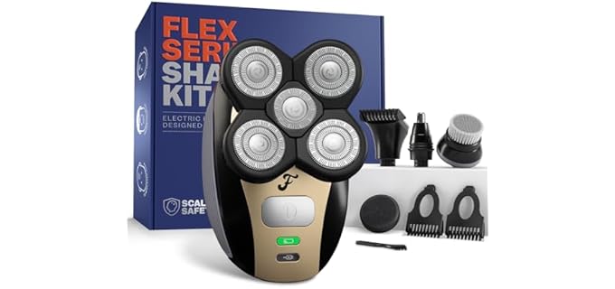 Freebird FlexSeries Electric Head & Body Hair Shaver - Mens Cordless Rechargeable Wet/Dry Skull Bald Head Back & Groin Waterproof Razor with Rotary Blades, Clippers, Nose Trimmer, Brush, Massager