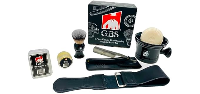G.B.S Black Luxury Shaving Kit - Wood Straight Razor, Mug, Natural Soap, Brush, Alum block, Strop and Paste Grooming Kit, Black