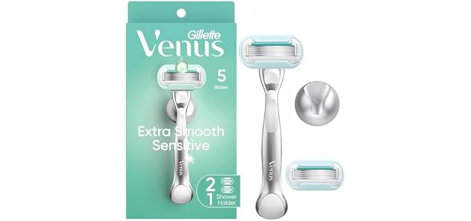 Gillette Venus Extra Smooth Sensitive Razor for Women, Includes 1 Reusable Razor Handle + 2 Refills, for Sensitive Skin with Metal Handle and Shower Holder