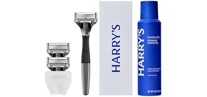 Harry's Original Shaving Kit for Men - Razor Handle, 3 Refills, Shave Gel | Includes Travel Blade Cover - German Engineered - Charcoal