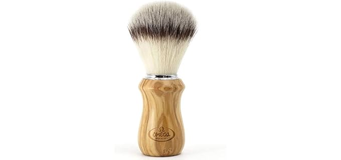 Omega Synthetic Fiber Shaving Brush, Laser Engraved Olive Wood Handle, 1 Unit