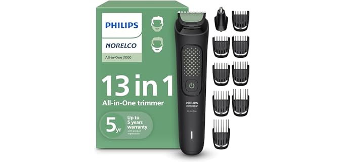 Philips Norelco All-in-One 3000 13-in-1 Trimmer, Face & Hair, Comfort Tips | Men's Complete Grooming Kit, Comfort Blades, 9 Length Settings, Beard & Hair Styling, Nose & Ear Trimmer, 60-Minute Runtime