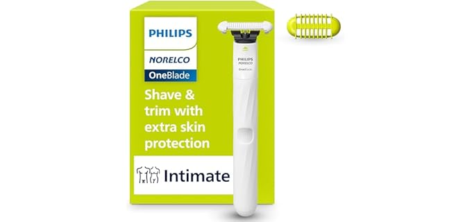 Philips Norelco OneBlade Intimate Trimmer and Shaver with Skin Protection | Pubic Hair Grooming, Extra Skin Protection, Beginner-Friendly Grooming, Wet and Dry Use, Shower Grooming, 3mm Body Comb