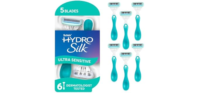 Schick Hydro Silk Sensitive 5-Blade Disposable Razors for Women, 6 ct | Moisturizing serum, With aloe, Smooth glide, Made for sensitive skin, Ergonomic handle, pivots to follow curves