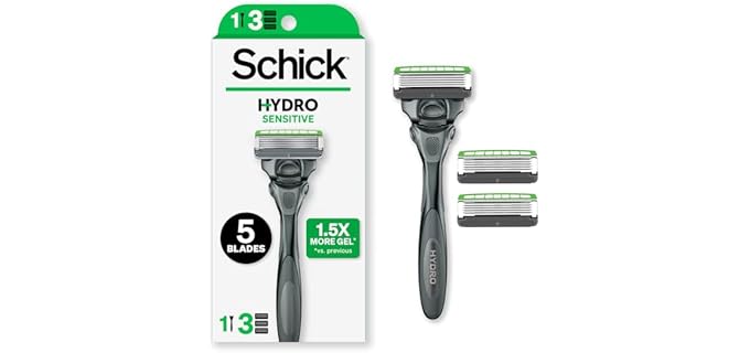 Schick Hydro Sensitive 5-Blade Razors for Men, 1 Handle & 3 Refills | 5-blade mens razors for shaving, 7 hydrating gel pools, Protective guards for sensitive skin, Flip-back precision edging tool